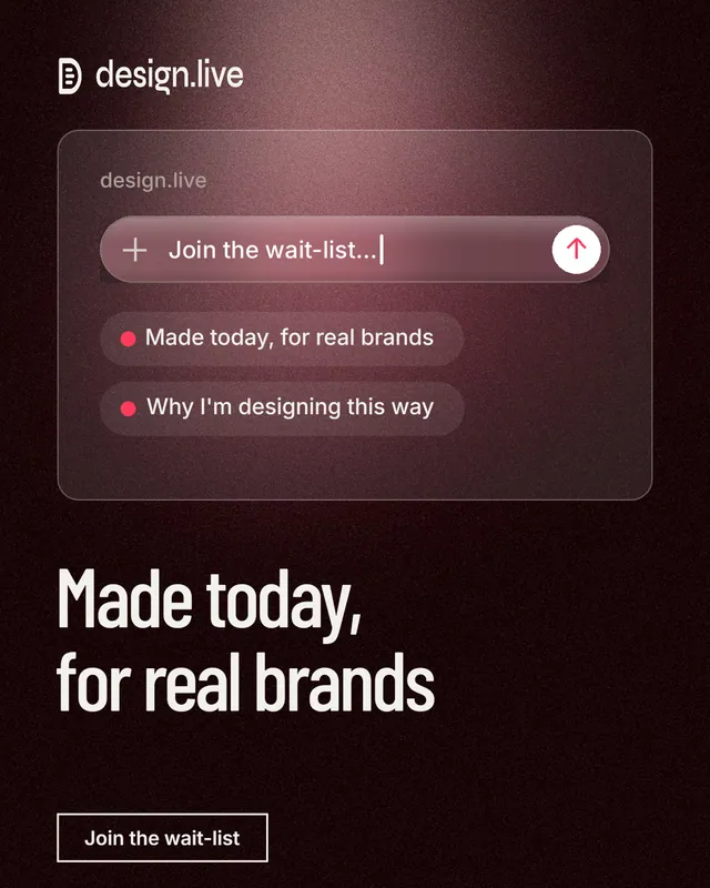 Instagram portrait post for design.live: "Made today, for real brands". Dark deco style, bottom layout, dark palette in black, red, grey.