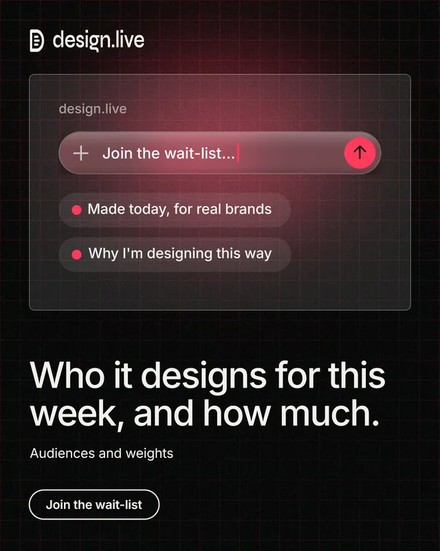 Instagram portrait post for design.live: "Who it designs for this week, and how much." Phosphor atlas style, bottom layout, dark palette in black, grey.