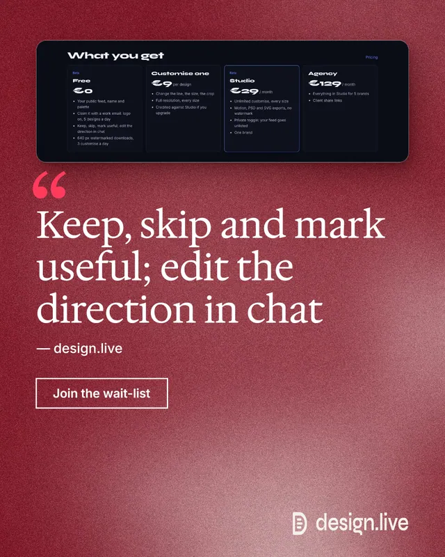 Instagram portrait post for design.live: "Keep, skip and mark useful; edit the direction in chat". Cyanotype style, quote layout, dark palette in red, pink.