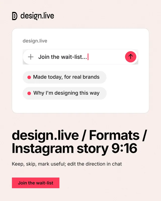Instagram portrait post for design.live: "design.live / Formats / Instagram story 9:16". Swiss style, bottom layout, light palette in white, grey.