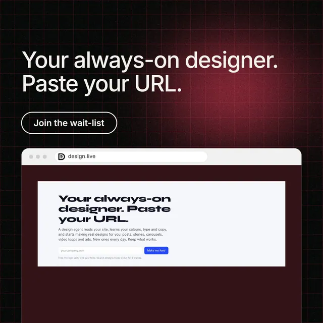 Instagram post for design.live: "Your always-on designer. Paste your URL." Phosphor atlas style, browser layout, dark palette in red, black, white.