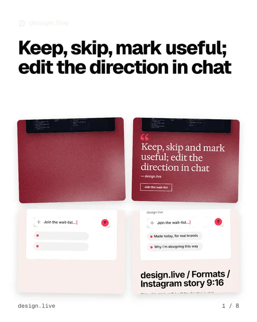 Carousel for design.live: "Keep, skip, mark useful; edit the direction in chat". Collection carousel, 8 slides, light palette.