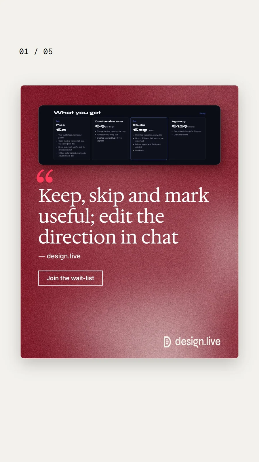 Video for design.live. Ad flipbook, 7.5 s, light palette.