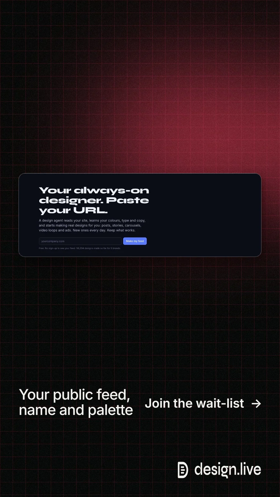 Instagram story for design.live: "Your public feed, name and palette". Phosphor atlas style, image led layout, dark palette in black, red.