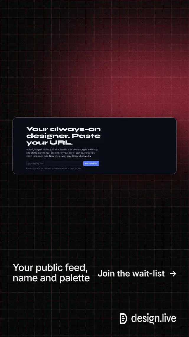 Instagram story for design.live: "Your public feed, name and palette". Phosphor atlas style, image led layout, dark palette in black, red.