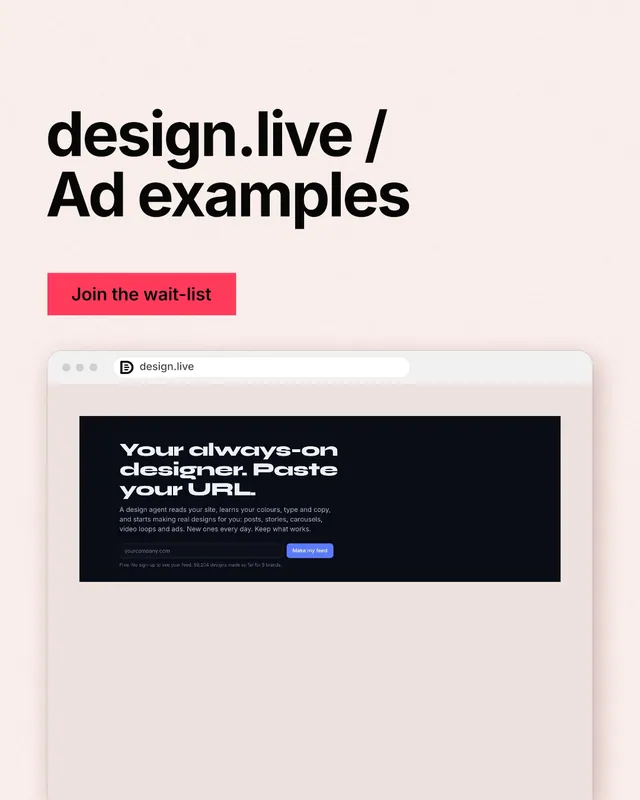 Instagram portrait post for design.live: "design.live / Ad examples". Swiss style, browser layout, light palette in orange, white, grey.