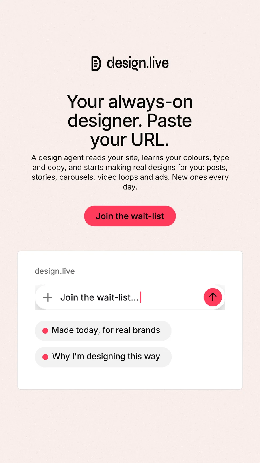 Instagram story for design.live: "Your always-on designer. Paste your URL." Data card style, centred layout, light palette in white, red.