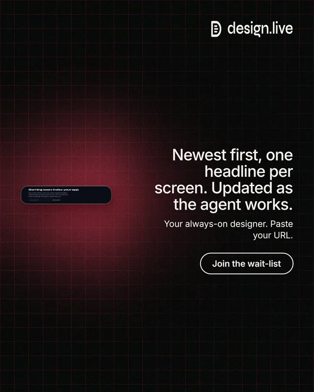 Instagram portrait post for design.live: "Newest first, one headline per screen. Updated as the agent works." Phosphor atlas style, right layout, dark palette in black, red.