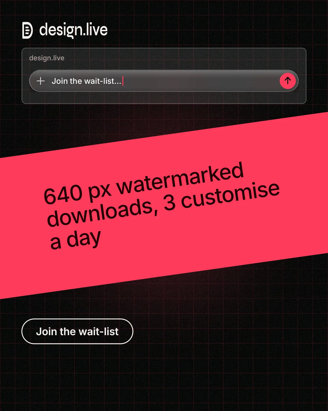 Instagram portrait post for design.live: "640 px watermarked downloads, 3 customise a day". Phosphor atlas style, diagonal layout, dark palette in black, red.