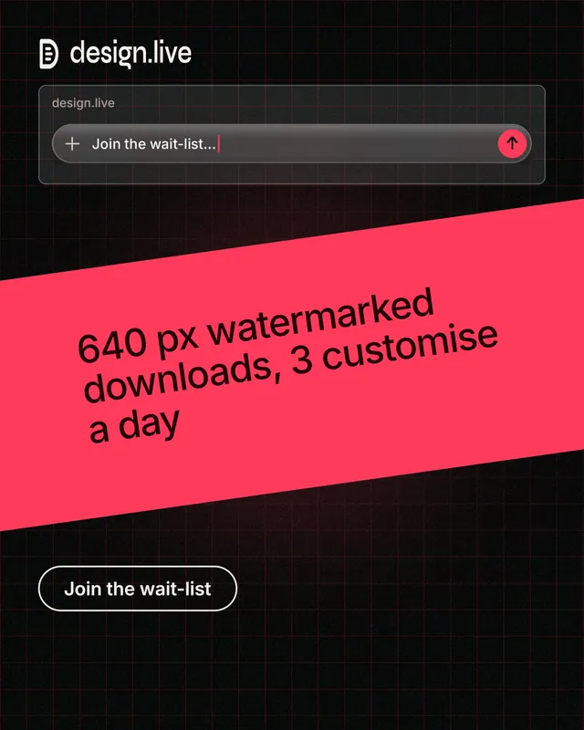 Instagram portrait post for design.live: "640 px watermarked downloads, 3 customise a day". Phosphor atlas style, diagonal layout, dark palette in black, red.