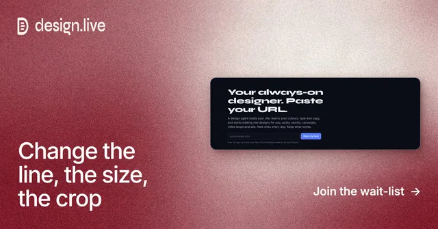 Social ad for design.live: "Change the line, the size, the crop". Cyanotype style, image led layout, light palette in red, orange.