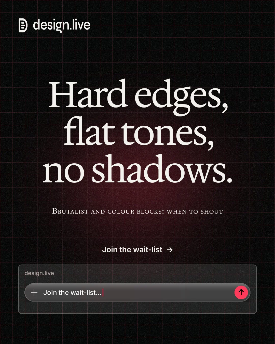 Instagram portrait post for design.live: "Hard edges, flat tones, no shadows." Phosphor atlas style, smallcaps layout, dark palette in black, grey.