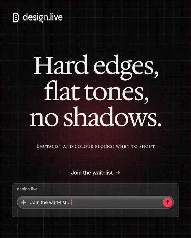 Instagram portrait post for design.live: "Hard edges, flat tones, no shadows." Phosphor atlas style, smallcaps layout, dark palette in black, grey.