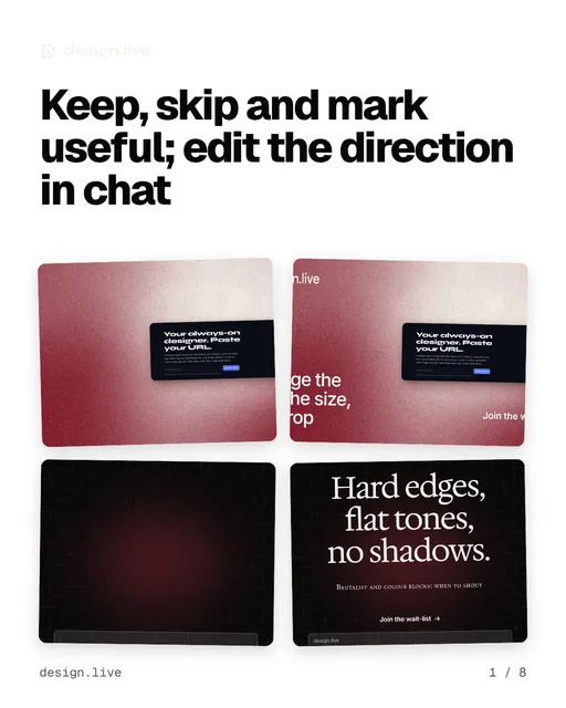 Carousel for design.live: "Keep, skip and mark useful; edit the direction in chat". Collection carousel, 8 slides, light palette.