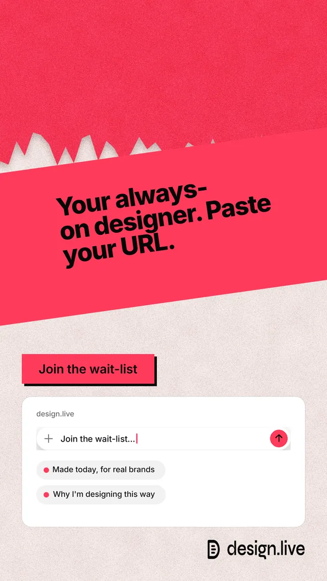 Instagram story for design.live: "Your always-on designer. Paste your URL." Paper trio style, diagonal layout, light palette in red, orange, white.