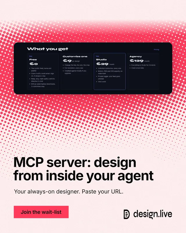 Instagram portrait post for design.live: "MCP server: design from inside your agent". Swiss style, bottom layout, light palette in white, red.