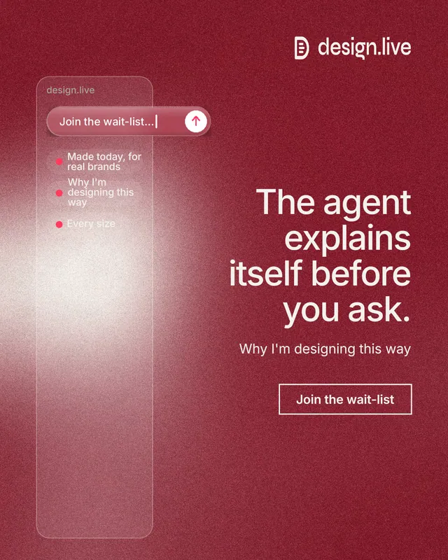 Instagram portrait post for design.live: "The agent explains itself before you ask." Cyanotype style, right layout, dark palette in red.