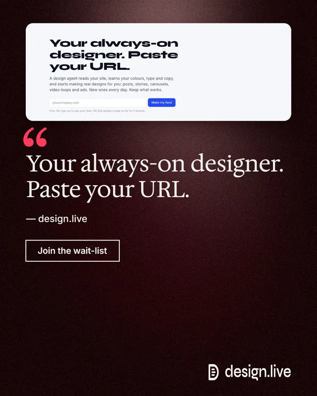 Instagram portrait post for design.live: "Your always-on designer. Paste your URL." Dark deco style, quote layout, dark palette in white, black, red.