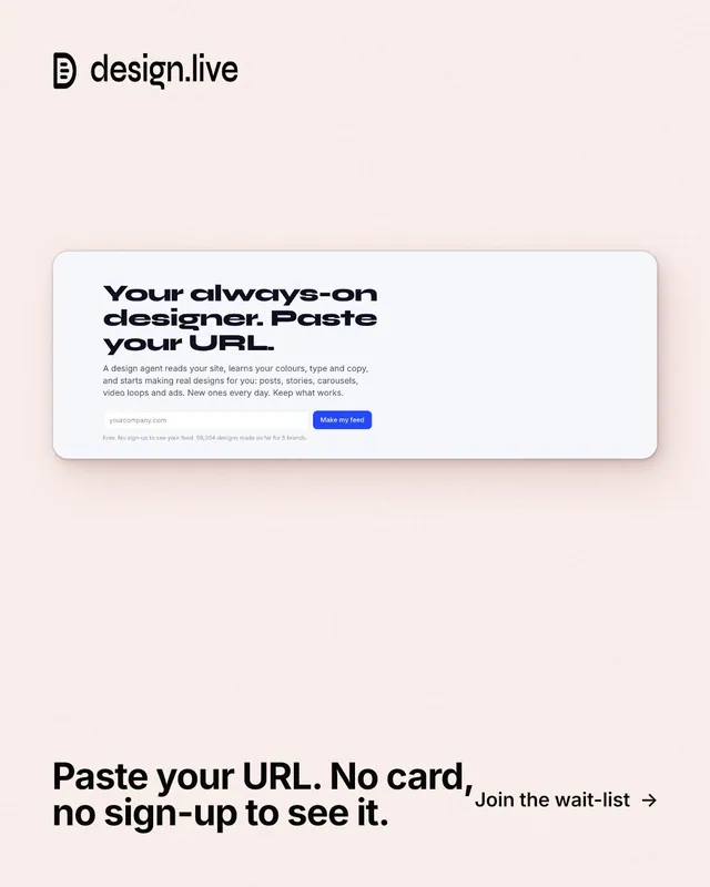 Instagram portrait post for design.live: "Paste your URL. No card, no sign-up to see it." Swiss style, image led layout, light palette in white.