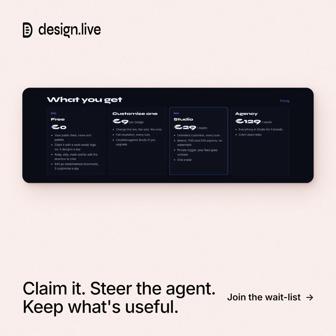 Instagram post for design.live: "Claim it. Steer the agent. Keep what's useful." Data card style, image led layout, light palette in white, black, grey.
