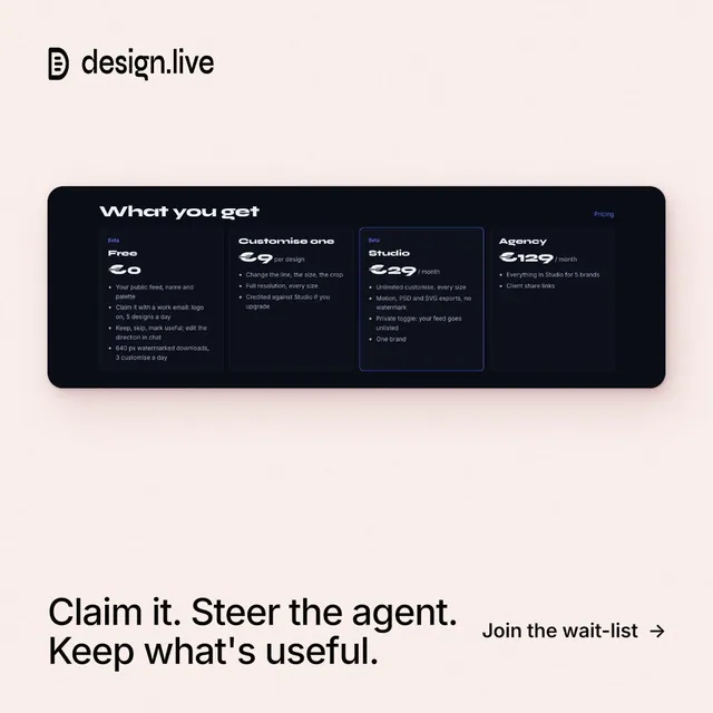 Instagram post for design.live: "Claim it. Steer the agent. Keep what's useful." Data card style, image led layout, light palette in white, black, grey.