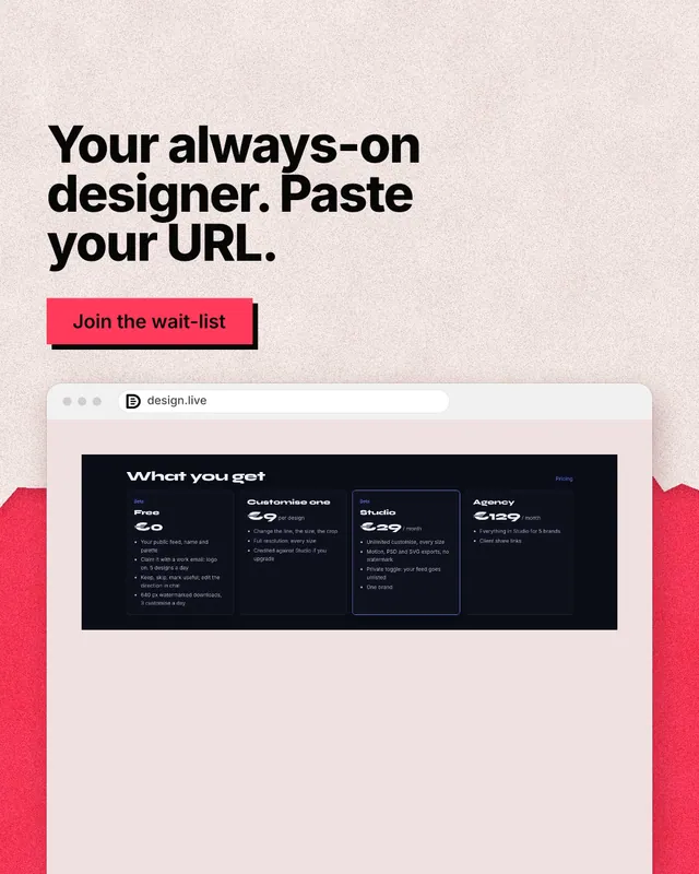 Instagram portrait post for design.live: "Your always-on designer. Paste your URL." Paper trio style, browser layout, light palette in orange, red, white.