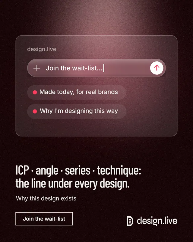 Instagram portrait post for design.live: "ICP · angle · series · technique: the line under every design." Dark deco style, bottom layout, dark palette in black, red, grey.