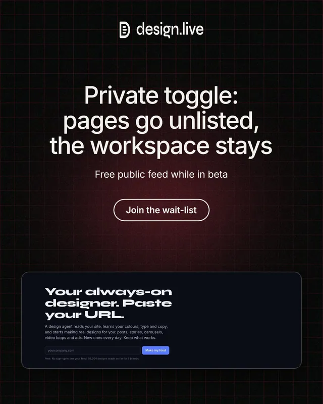 Instagram portrait post for design.live: "Private toggle: pages go unlisted, the workspace stays". Phosphor atlas style, centred layout, dark palette in black, grey.