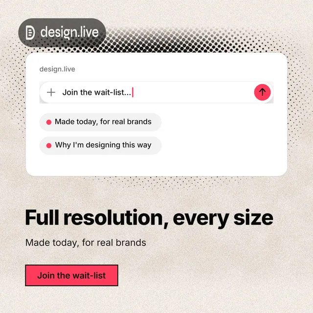 Instagram post for design.live: "Full resolution, every size". Ink sticker style, bottom layout, light palette in orange, white, grey.