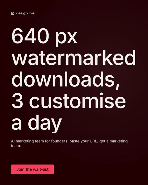 Video for design.live: "640 px watermarked downloads, 3 customise a day". Doc motion loop, 8.0 s, dark palette.