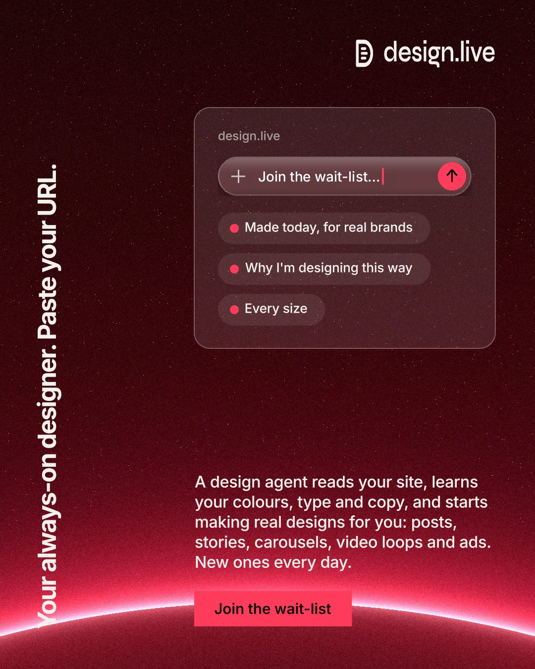 Instagram portrait post for design.live: "Your always-on designer. Paste your URL." Swiss style, vertical layout, dark palette in black, red.