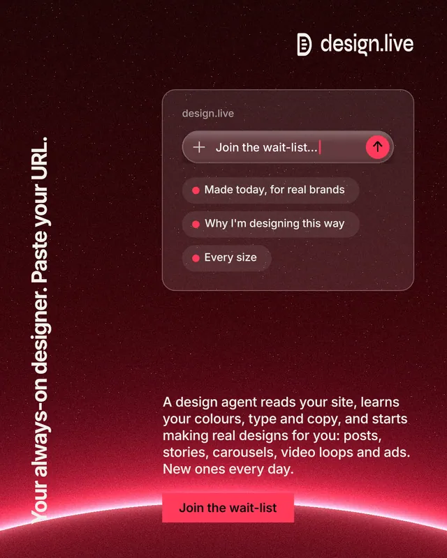 Instagram portrait post for design.live: "Your always-on designer. Paste your URL." Swiss style, vertical layout, dark palette in black, red.