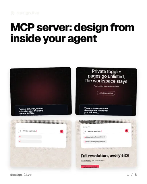 Carousel for design.live: "MCP server: design from inside your agent". Collection carousel, 8 slides, light palette.