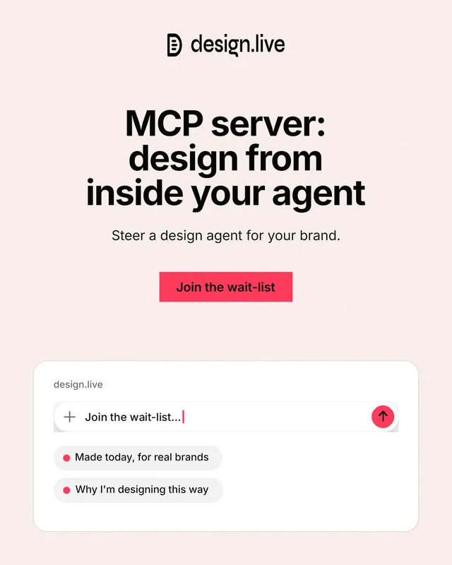 Instagram portrait post for design.live: "MCP server: design from inside your agent". Swiss style, centred layout, light palette in white, red.