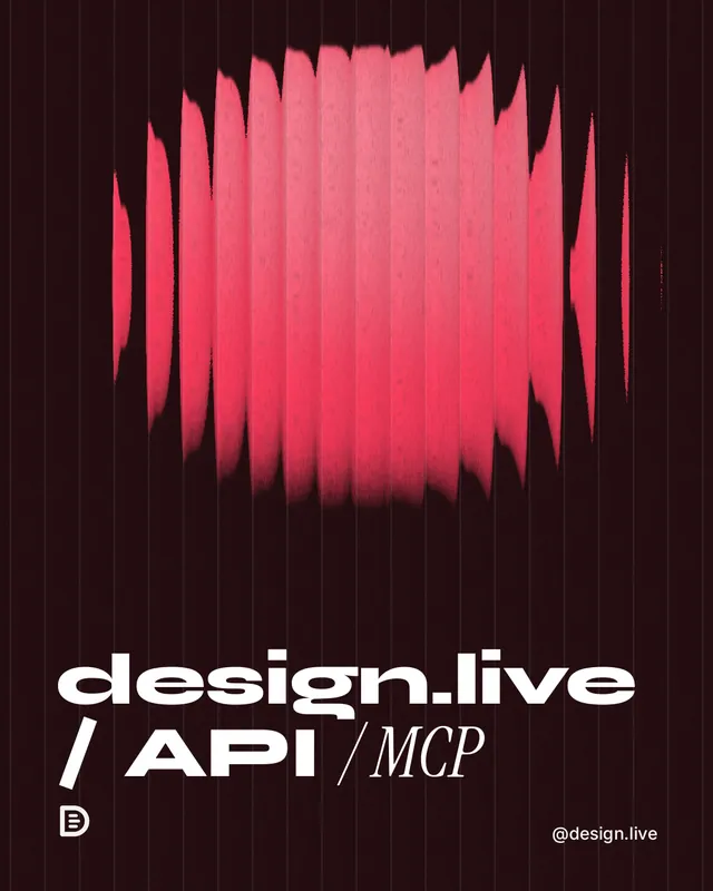 Instagram portrait post for design.live: "design.live / API / MCP". Auto 4x5 style, technique:shader field layout, dark palette in black, red.