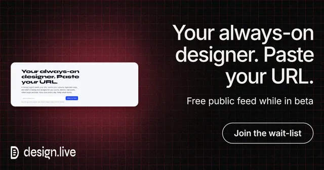 Social ad for design.live: "Your always-on designer. Paste your URL." Phosphor atlas style, right layout, dark palette in black, red, white.