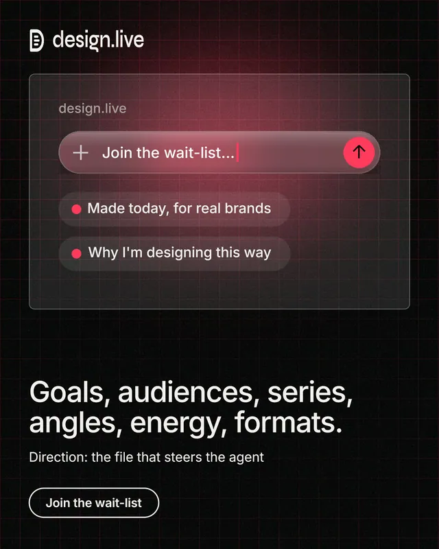 Instagram portrait post for design.live: "Goals, audiences, series, angles, energy, formats." Phosphor atlas style, bottom layout, dark palette in black, red.