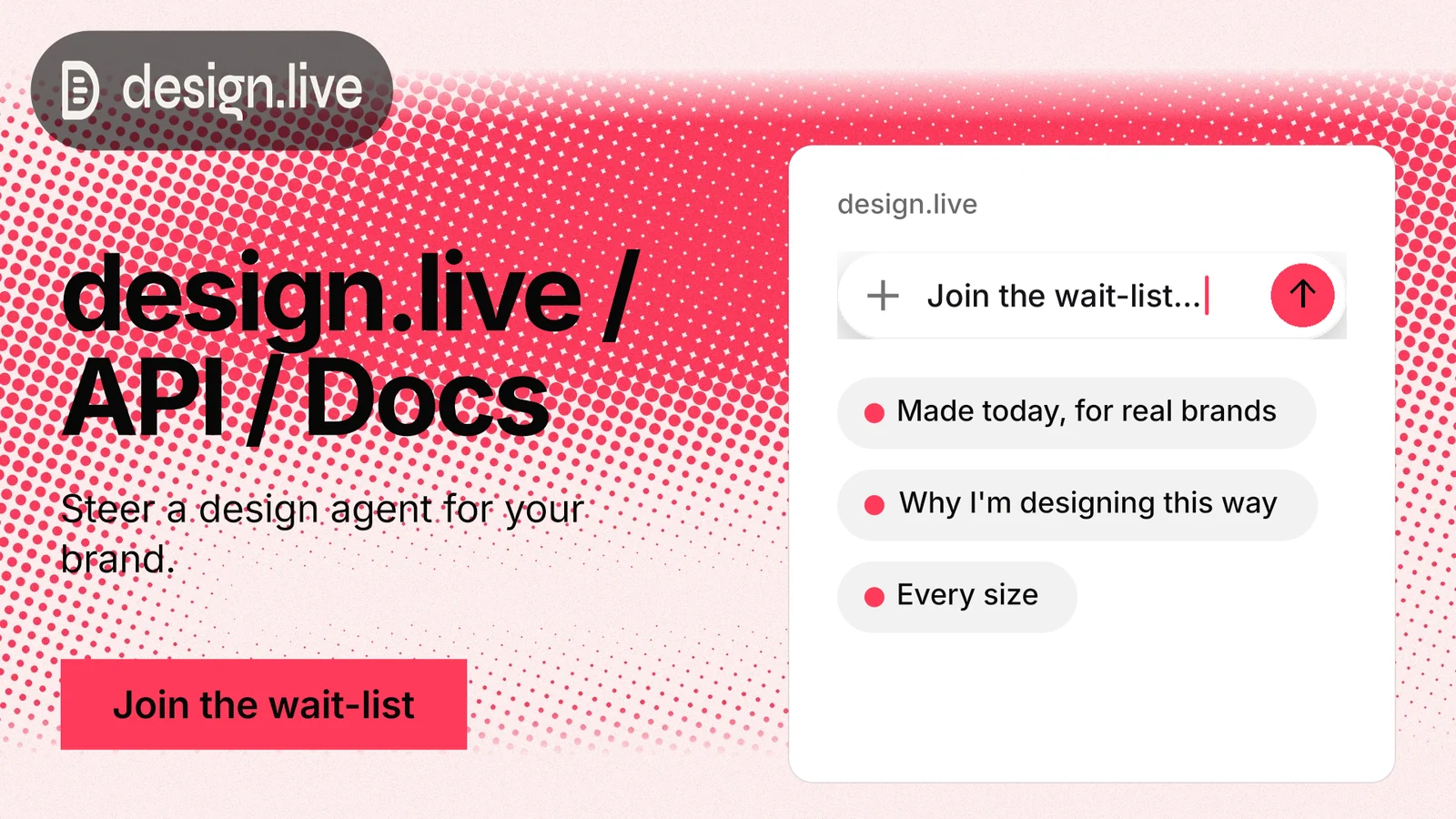 Landscape graphic for design.live: "design.live / API / Docs". Swiss style, bottom layout, light palette in white, red.