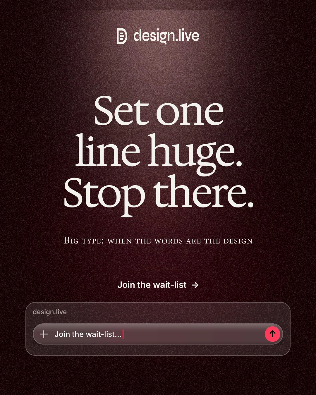Instagram portrait post for design.live: "Set one line huge. Stop there." Dark deco style, smallcaps layout, dark palette in red, black, grey.