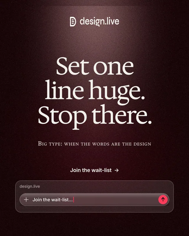 Instagram portrait post for design.live: "Set one line huge. Stop there." Dark deco style, smallcaps layout, dark palette in red, black, grey.