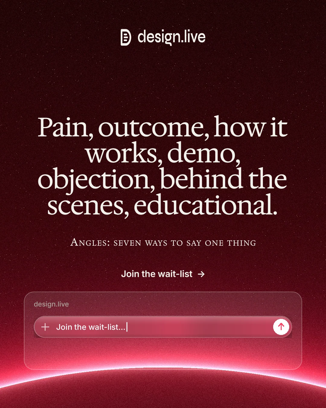 Instagram portrait post for design.live: "Pain, outcome, how it works, demo, objection, behind the scenes, educational." Swiss style, smallcaps layout, dark palette in black, red.