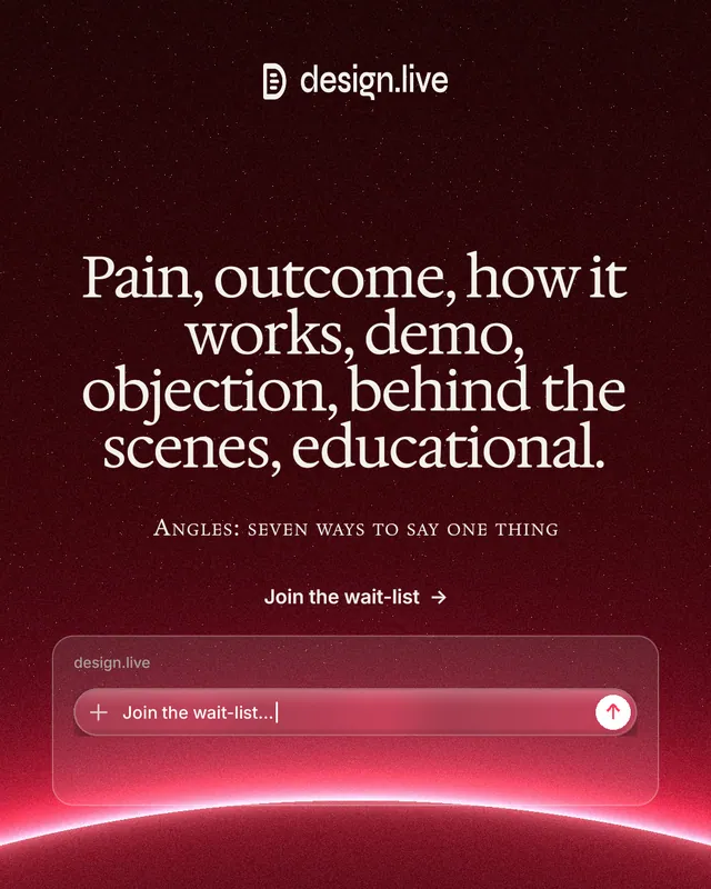 Instagram portrait post for design.live: "Pain, outcome, how it works, demo, objection, behind the scenes, educational." Swiss style, smallcaps layout, dark palette in black, red.