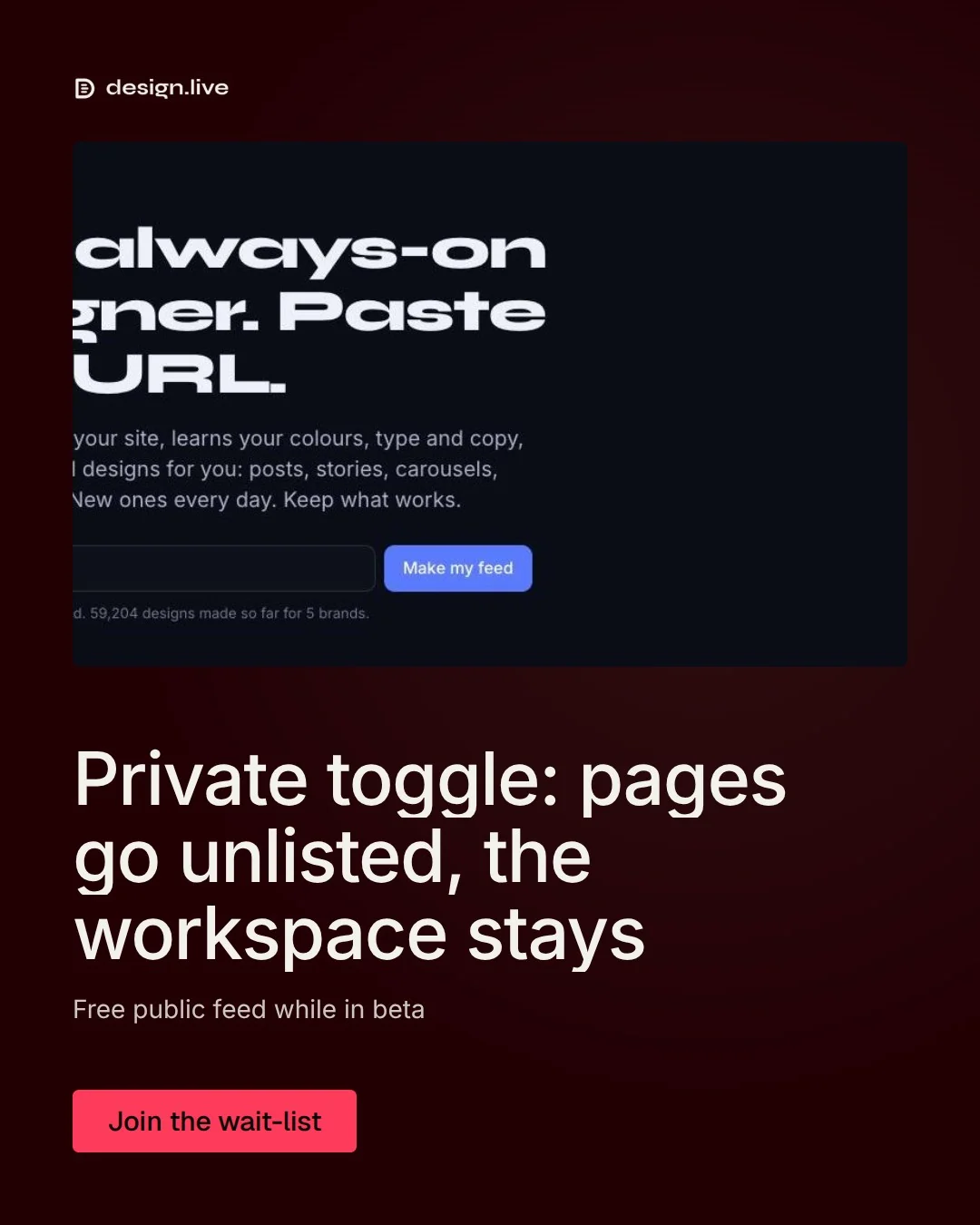 Video for design.live: "Private toggle: pages go unlisted, the workspace stays". Doc motion loop, 8.0 s, dark palette.