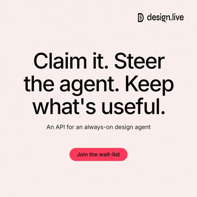 Instagram post for design.live: "Claim it. Steer the agent. Keep what's useful." Data card style, centred layout, light palette in white, grey.