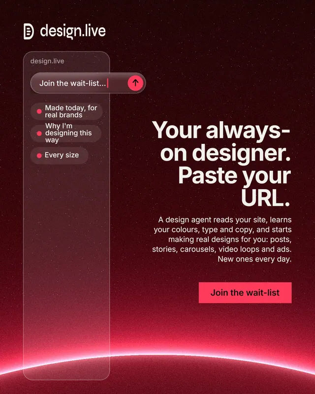 Instagram portrait post for design.live: "Your always-on designer. Paste your URL." Swiss style, right layout, dark palette in red, black.
