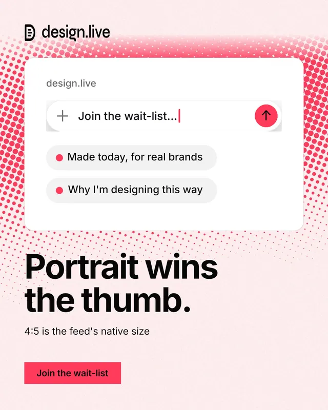 Instagram portrait post for design.live: "Portrait wins the thumb." Swiss style, bottom layout, light palette in white, red.
