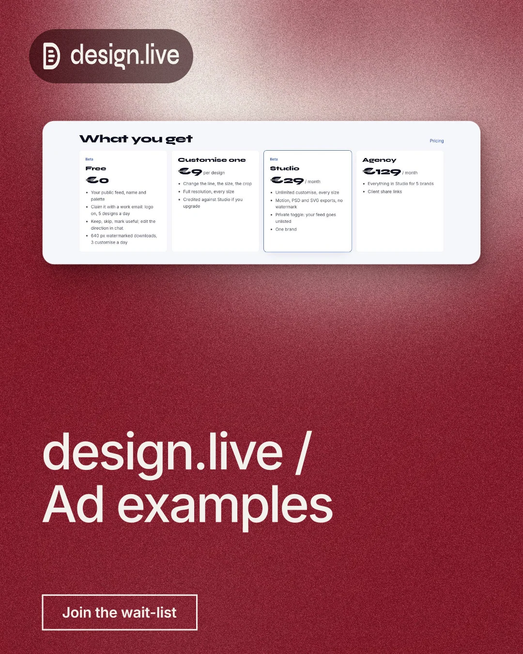 Instagram portrait post for design.live: "design.live / Ad examples". Cyanotype style, bottom layout, dark palette in white, red.