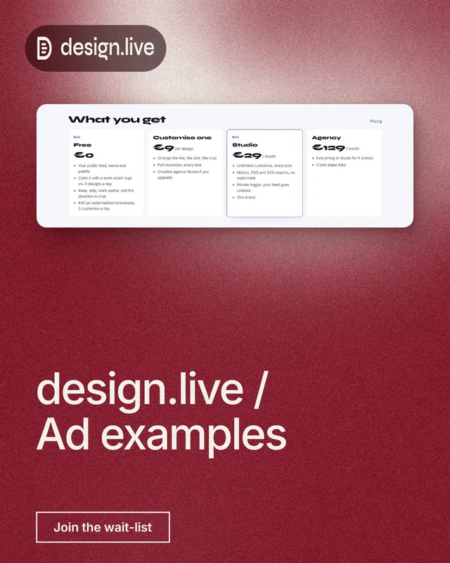 Instagram portrait post for design.live: "design.live / Ad examples". Cyanotype style, bottom layout, dark palette in white, red.