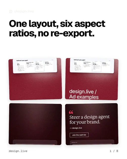Carousel for design.live: "One layout, six aspect ratios, no re-export.". Collection carousel, 8 slides, light palette.