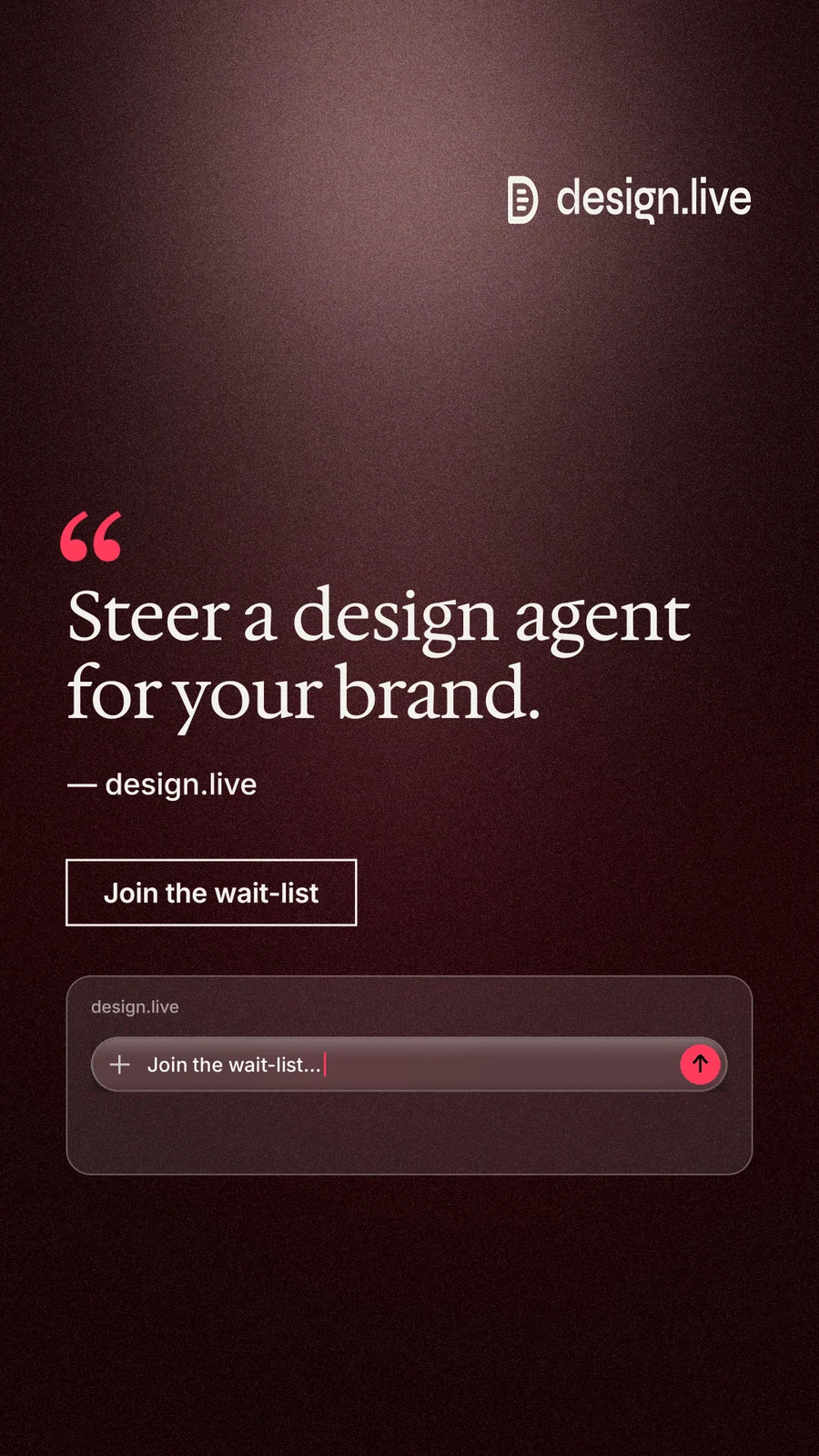 Instagram story for design.live: "Steer a design agent for your brand." Dark deco style, quote layout, dark palette in red, grey, black.